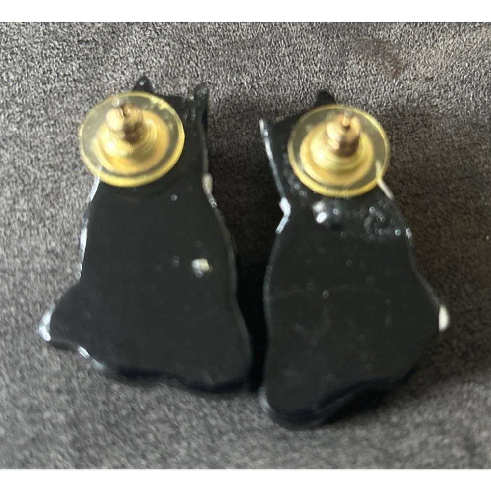 Vtg Hand Painted Wood Folk Art Whimsical Cat Earrings Black White Green Eyes - Picture 2 of 3